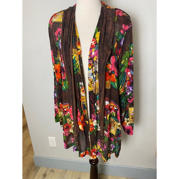 Carole Little Sweaters - Vintage Carole Little Tropical Parrot Floral Sheer Wrap Cardigan Size 6 90s